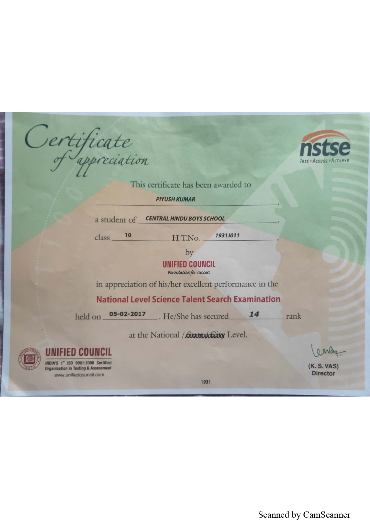 NSTSE certificate, Class 10th